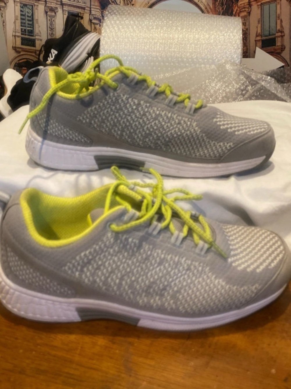 Women’s Gray Knit Athletic Sneakers with Neon Yellow Accents